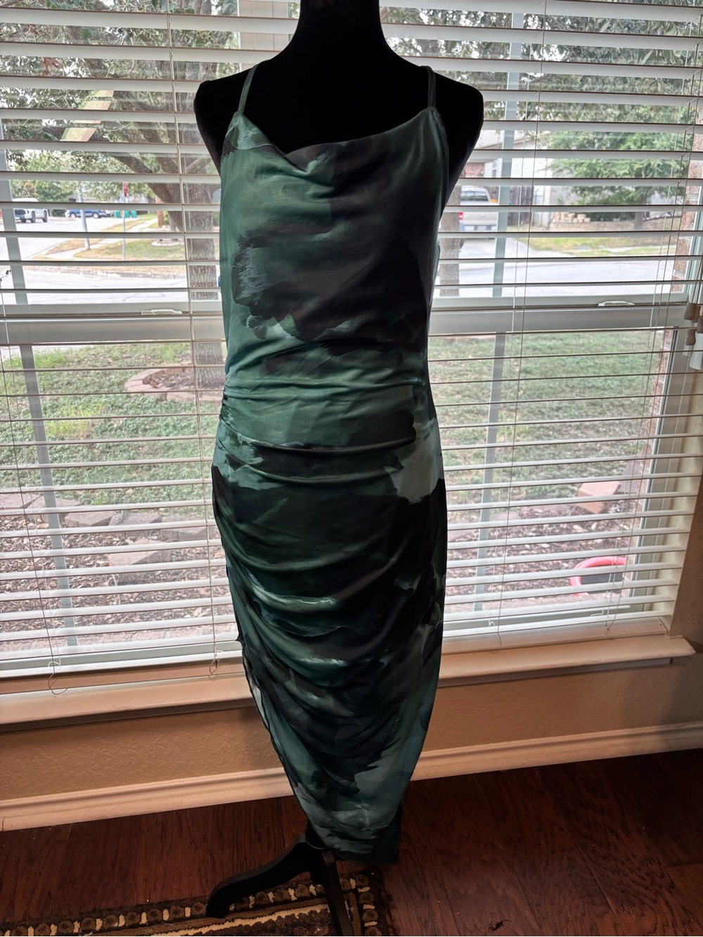 Green Satin Cowl Midi Slip Dress with Draped Skirt